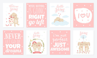 Vector poster collection with cute rabbits and spring slogan