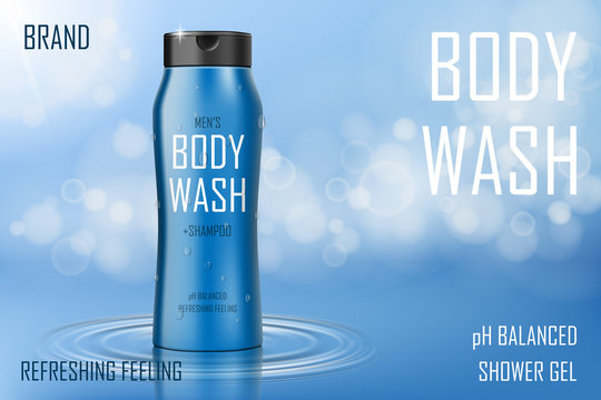 Moisture cooling body wash gel ad. Realistic body wash or shampoo bottle. Skin care packaging product design for poster or banner. 3d vector illustration