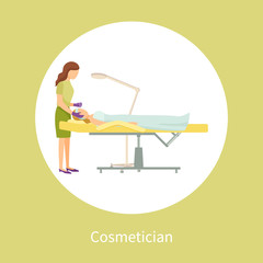 Cosmetician facial cosmetic procedures. Woman cosmetologist using tool instrument while working with clients face taking care about skin, poster in circle