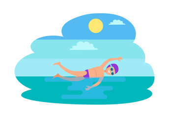 Freestyle swimming person isolated vector. Professional sportsman, man with goggles in water performing stroke practicing techniques. Sport activities