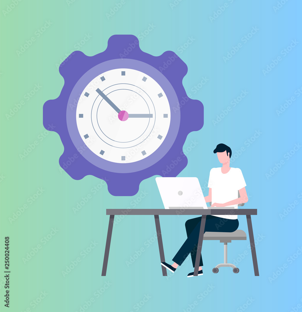 Poster time management vector, programmer at laptop and clock in shape of cogwheel. it worker at desktop or
