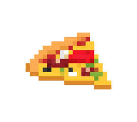 Slice of pizza pixel art. Fast food 8bit. Video game Old school digital graphics