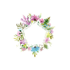 watercolor drawing frame of field plants, flowers and grass