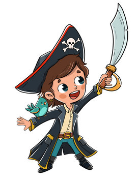 Ni&ntilde;o disfrazado de pirata con un loro en el brazo
