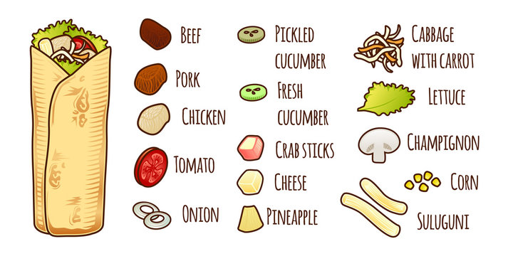 Mexican or Arabic Fast Food for your Menu Design. Kebab isoleted on white. Shaurma with element food icon set