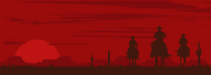 Silhouette of cowboys riding horses, Vector