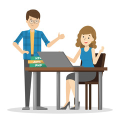 Two person talking on the office . Girl sitting