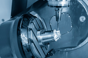 The  5-axis CNC milling machine  Cutting the aluminium turbine blade part with solid ball end mill...