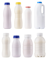 Dairy products packaging set. Milk bottles blank mock-up design collection. Clean closed yogurt bottles isolated on white background.