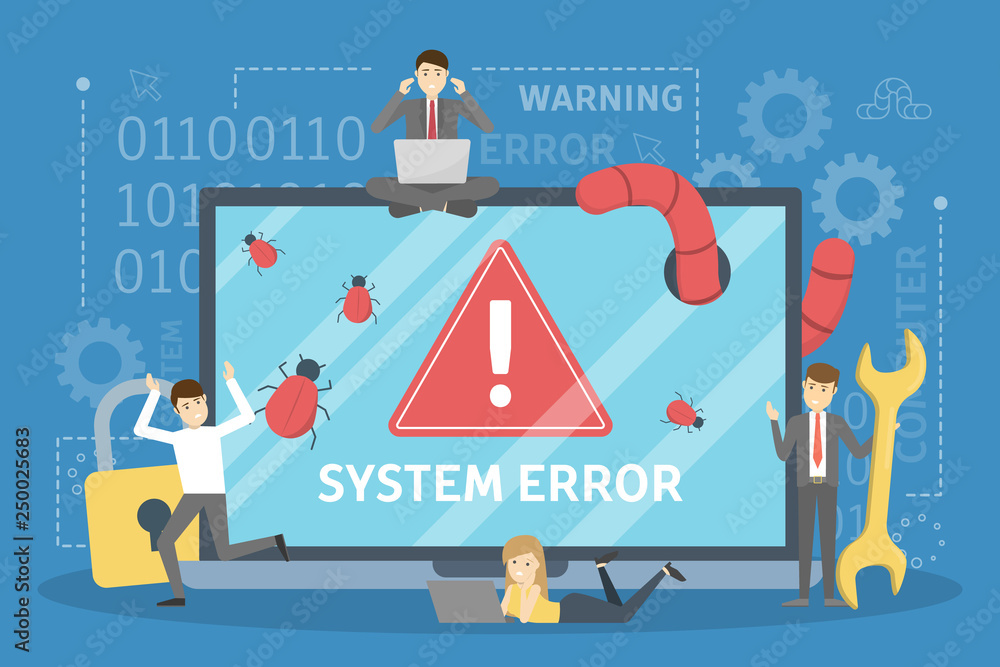 Poster system error. people run in panic from computer