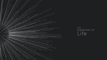 Expansion of life. Vector sphere explosion background. Small particles strive out of center. Blurred debrises into rays or lines under high speed of motion. Burst, explosion backdrop.