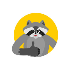Raccoon thumbs up and winks. Racoon happy emoji. Coon Vector illustration