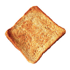 A slice of toast bread isolated on white background. Toasted wheat bread. Closeup, top view