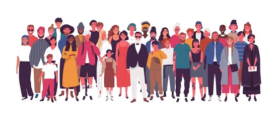 Diverse multiethnic or multinational group of people isolated on white background. Elderly and young men, women and kids standing together. Society or population. Flat cartoon vector illustration. - obrazy, fototapety, plakaty