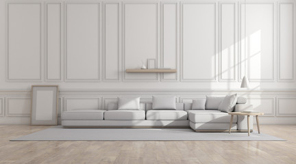 View of white living room in classic style with furniture on bright laminate floor.Perspective of minimal design architecture. 3d rendering.	