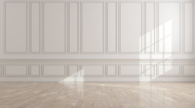 Perspective of the sun light cast the shadow on white empty room and bright laminate wood floor,classic interior style.blank space architecture.3d rendering