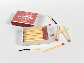 Open box of matches. Box with scattered matches, new and burnt. 3d rendering illustration