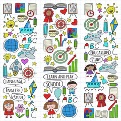 Vector set of learning English language, children's drawing icons in doodle style. Painted, colorful, on a sheet of checkered paper on a white background.