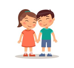 Smiling boy and girl kids holding hands. Children cartoon characters. Childhood, love and romance. Flat vector illustration, Isolated on white background