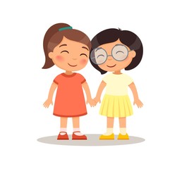 Smiling girls kids holding hands. Children cartoon characters. Flat vector illustration, Isolated on white background