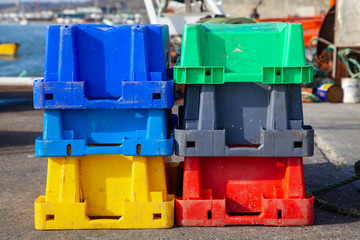 Coloured Plastic Crates on the Dockside