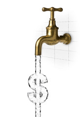 Water flow from water tap or faucet forming dollar sign on white - water cost or waste concept