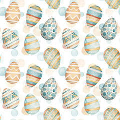 Easter pattern in watercolor style. Beautiful seamless pattern with easter eggs and color spots. Can be used for printed products: wallpaper, wrapping paper, napkins, cards, stickers.