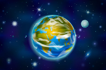 Earth planet with moon on deep space background with bright stars and constellations
