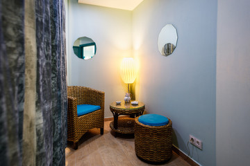 Interior of waiting room in spa salon.