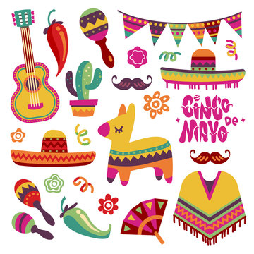 Mexican fiesta set. Cinco de mayo party elements sombrero, pinata and chili pepper, guitar vector collection. Mexican party and mexico sombrero, fiesta and cinco de mayo illustration