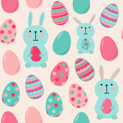 Cute bunnies and painted easter eggs. Seamless vector pattern. 
