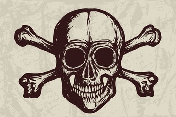 Human skull with bones vector silhouette on grunge background. Hand drawn illustration. Tattoo skull or print design.
