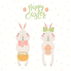 Hand drawn vector illustration of cute bunnies, with basket, eggs, text Happy Easter. Isolated objects on white background. Scandinavian style flat design. Concept for kids print, card.