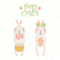 Wall murals Illustrations Hand drawn vector illustration of cute bunnies, with basket, eggs, text Happy Easter. Isolated objects on white background. Scandinavian style flat design. Concept for kids print, card.