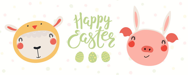 Hand drawn vector illustration of a cute pig in bunny ears, lamb in chick costume, with eggs, text Happy Easter. Isolated objects on white. Scandinavian style flat design. Concept for kids print, card