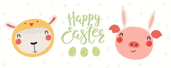 Wall murals Illustrations Hand drawn vector illustration of a cute pig in bunny ears, lamb in chick costume, with eggs, text Happy Easter. Isolated objects on white. Scandinavian style flat design. Concept for kids print, card
