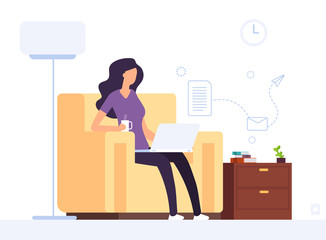 Woman at home office. Girl working with laptop. Professional businesswoman works with computer in home interior. Vector concept of businesswoman with laptop, young woman employee illustration