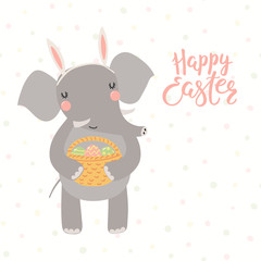 Hand drawn vector illustration of cute elephant in bunny ears, with basket, eggs, with text Happy Easter. Isolated objects on white background. Scandinavian style flat design. Concept kids print, card