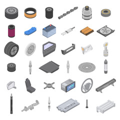 Car parts icons set. Isometric set of car parts vector icons for web design isolated on white background