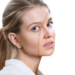 Naklejka premium Young woman before and after skin treatment and makeup.