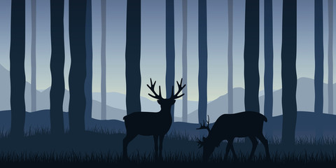two wildlife reindeers in the forest blue nature landscape vector illustration EPS10