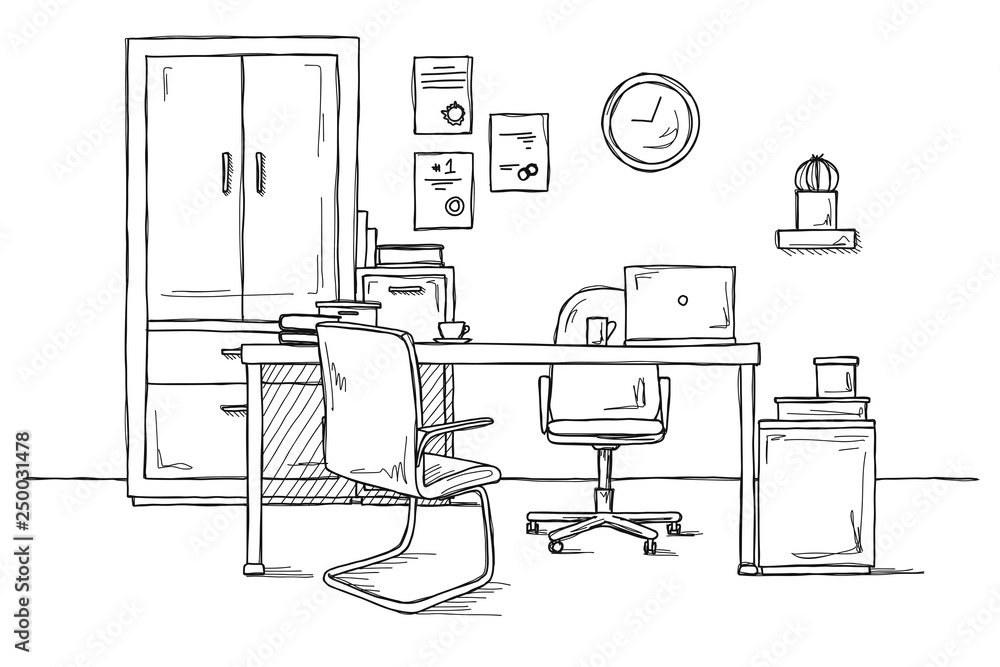 Poster sketch the room. office chair, desk, various objects on the table. sketch workspace. vector