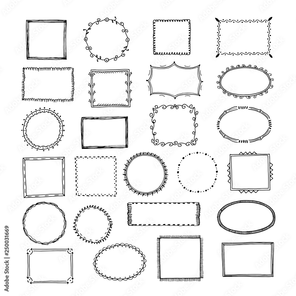 Poster doodle frames. square borders sketch lines hand drawn round picture empty frame vintage vector set. 