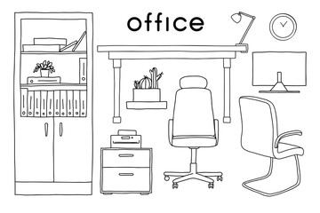 Sketch the room. Office chair, desk, various objects on the table. Sketch workspace. Vector - 250031606