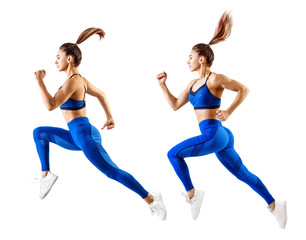 Collage of young woman runner in blue sportswear jump in the air.
