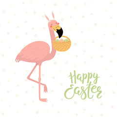 Hand drawn vector illustration of cute flamingo in bunny ears, with basket, eggs, text Happy Easter. Isolated objects on white background. Scandinavian style flat design. Concept for kids print, card.