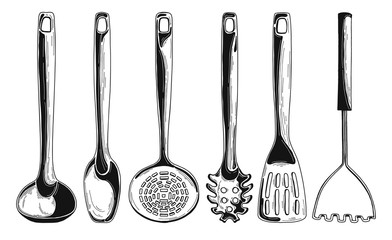 Kitchen utensils. Different spoons and other accessories. Isolated vector illustration