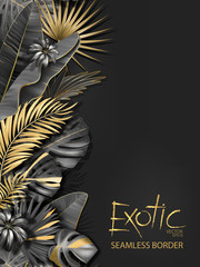 Vertical line floral seamless pattern made with gold and black leaves of tropical plants on dark gray background. Tropic rain forest foliage border. Vector illustration.