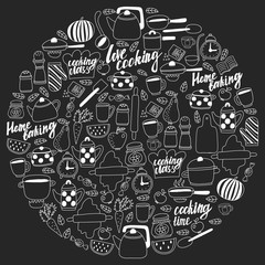 Vector set of icons in doodle style. Painted, black monochrome, chalk pictures on a blackboard.