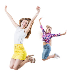 Collage of two women jumps with raised hands.